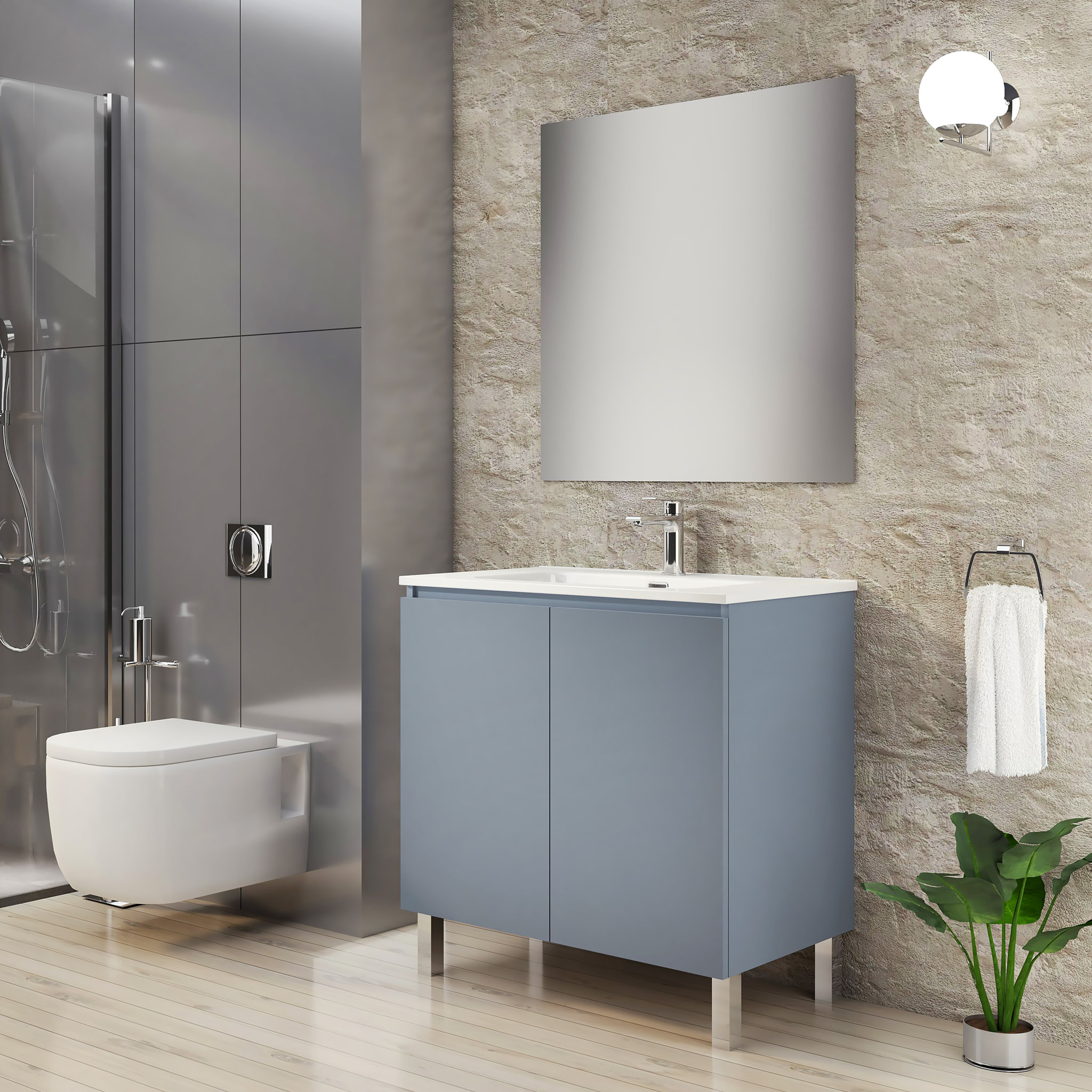 Ensemble de Salle de Bain Lust | 80 cm Bleu | Deux Portes | Lavabo Encastré | N'inclut pas le Miroir | Meuble Assemblé | Alday