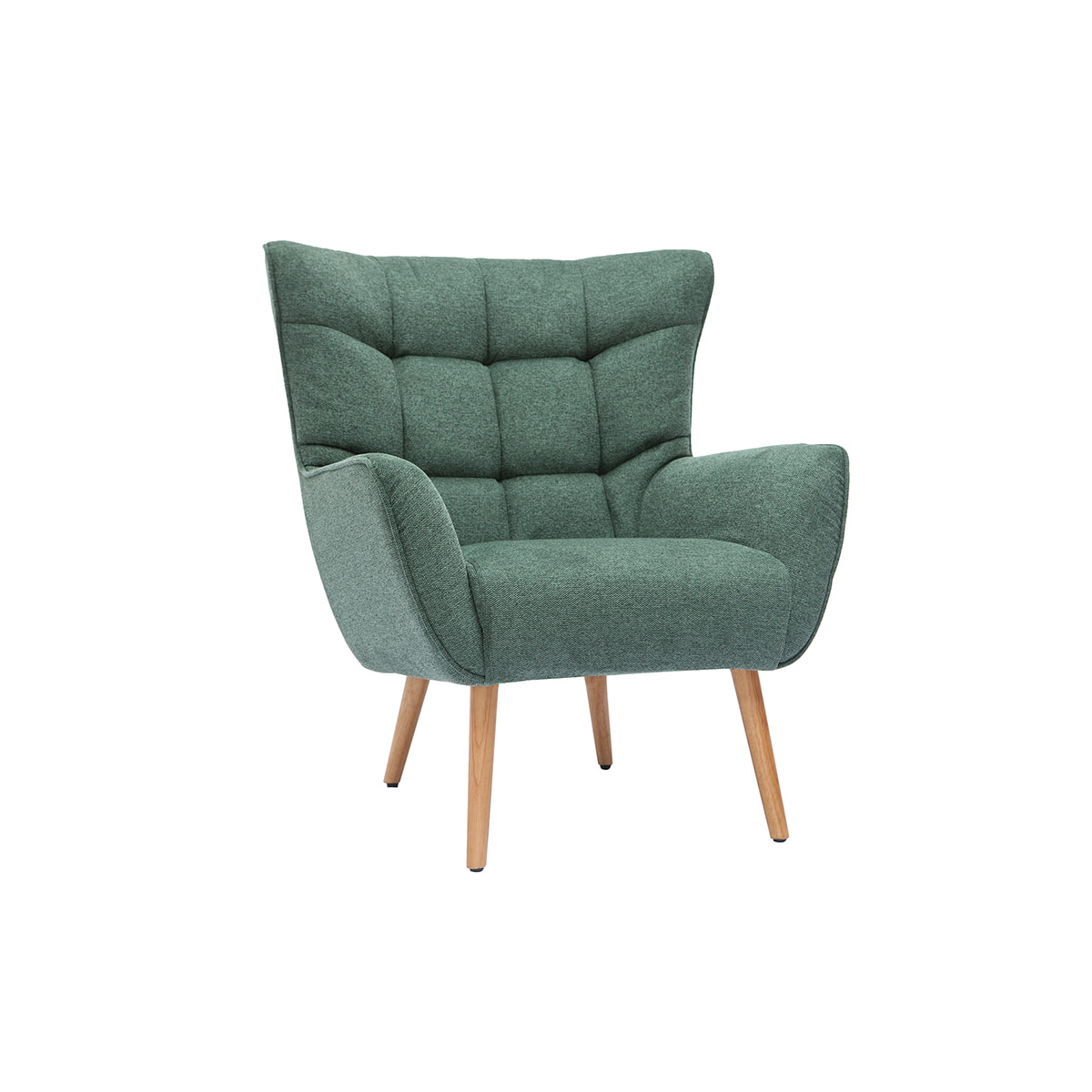 Fauteuil scandinave tissu effet velours texturé vert foncé et bois clair AVERY