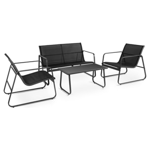 Conjunto de jardín 4 plazas, mesa centro+sofá+sillones de acero negro