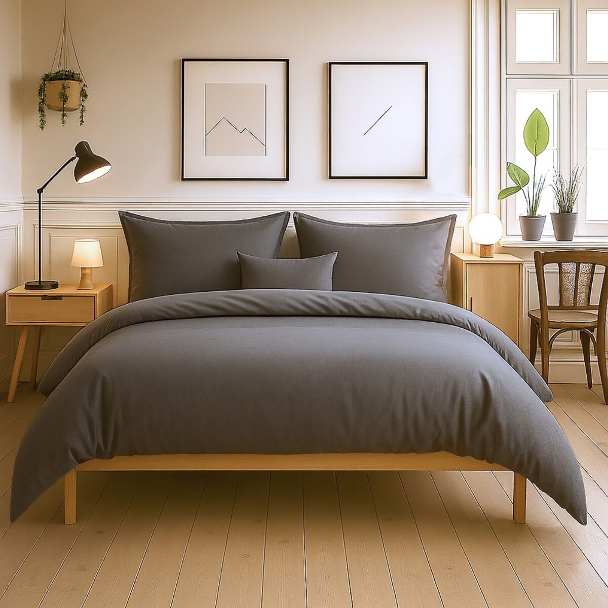 Parure Housse De Couette + 2 taies 100% Coton 57fils Gris FoncÉ