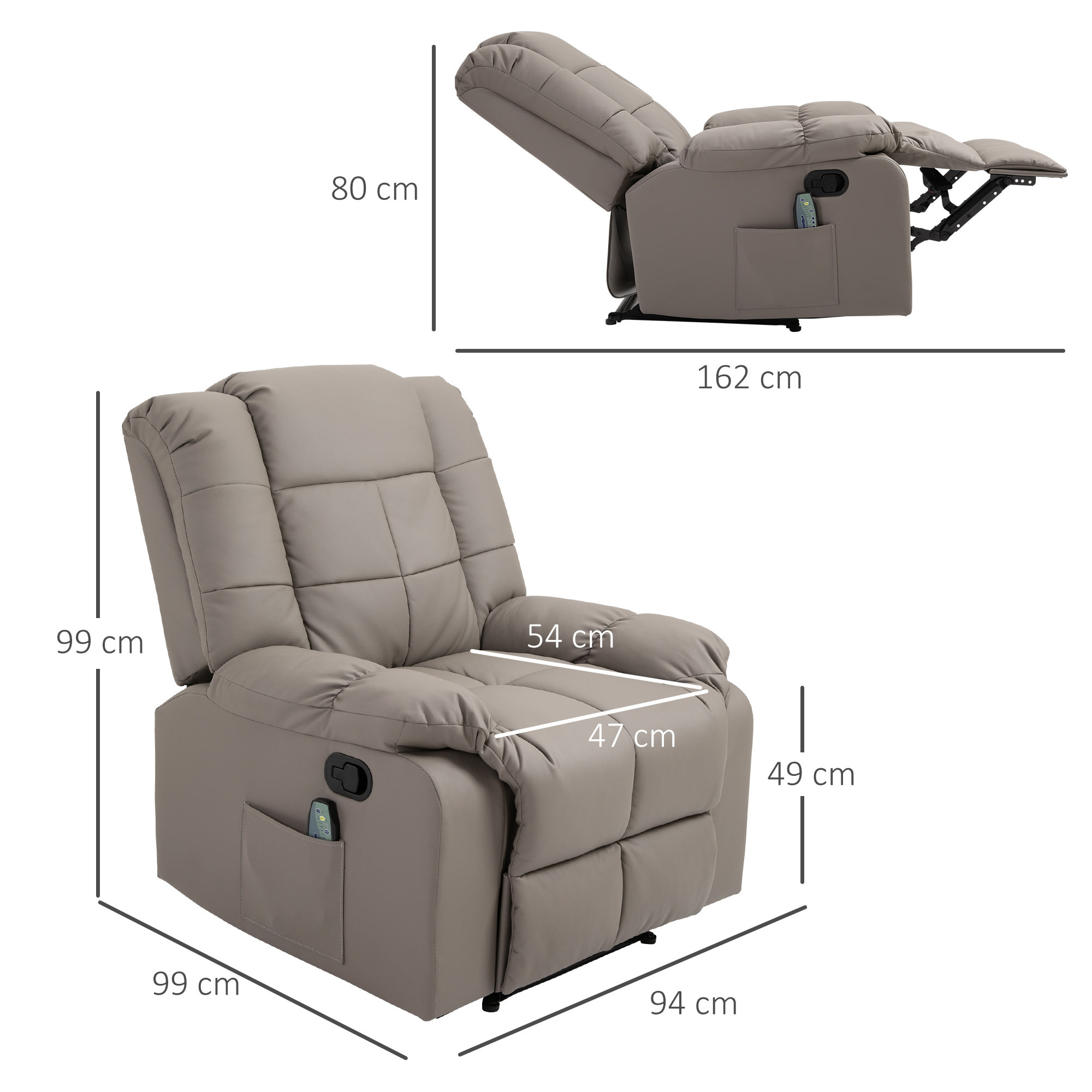 Fauteuil luxe de relaxation et massage inclinaison dossier repose-pied réglable revêtement synthétique gris