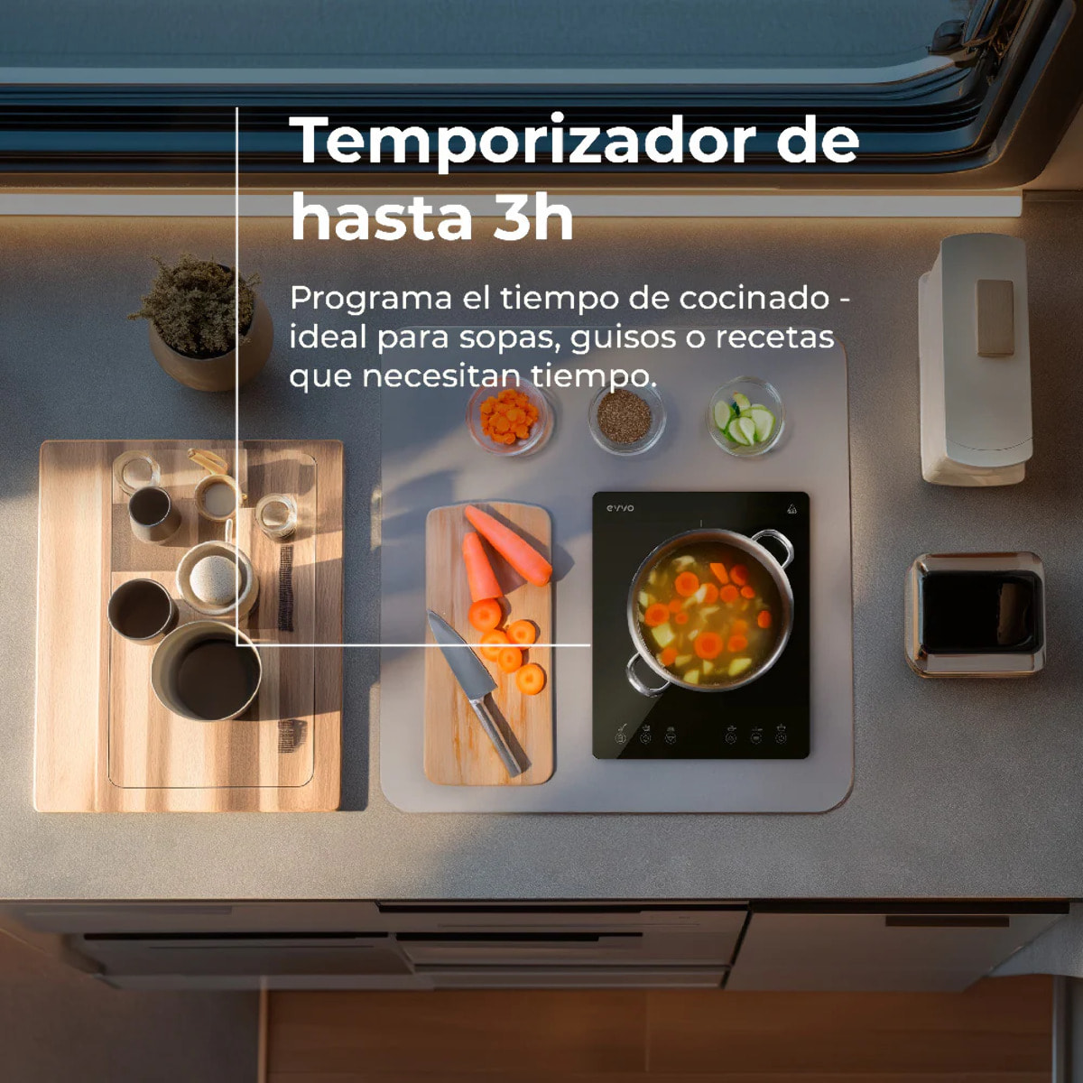 Placa de Inducción Portátil EVVO V26 Trip, 2000W, Control táctil, Ajuste de potencia y temperatura, Temporizador