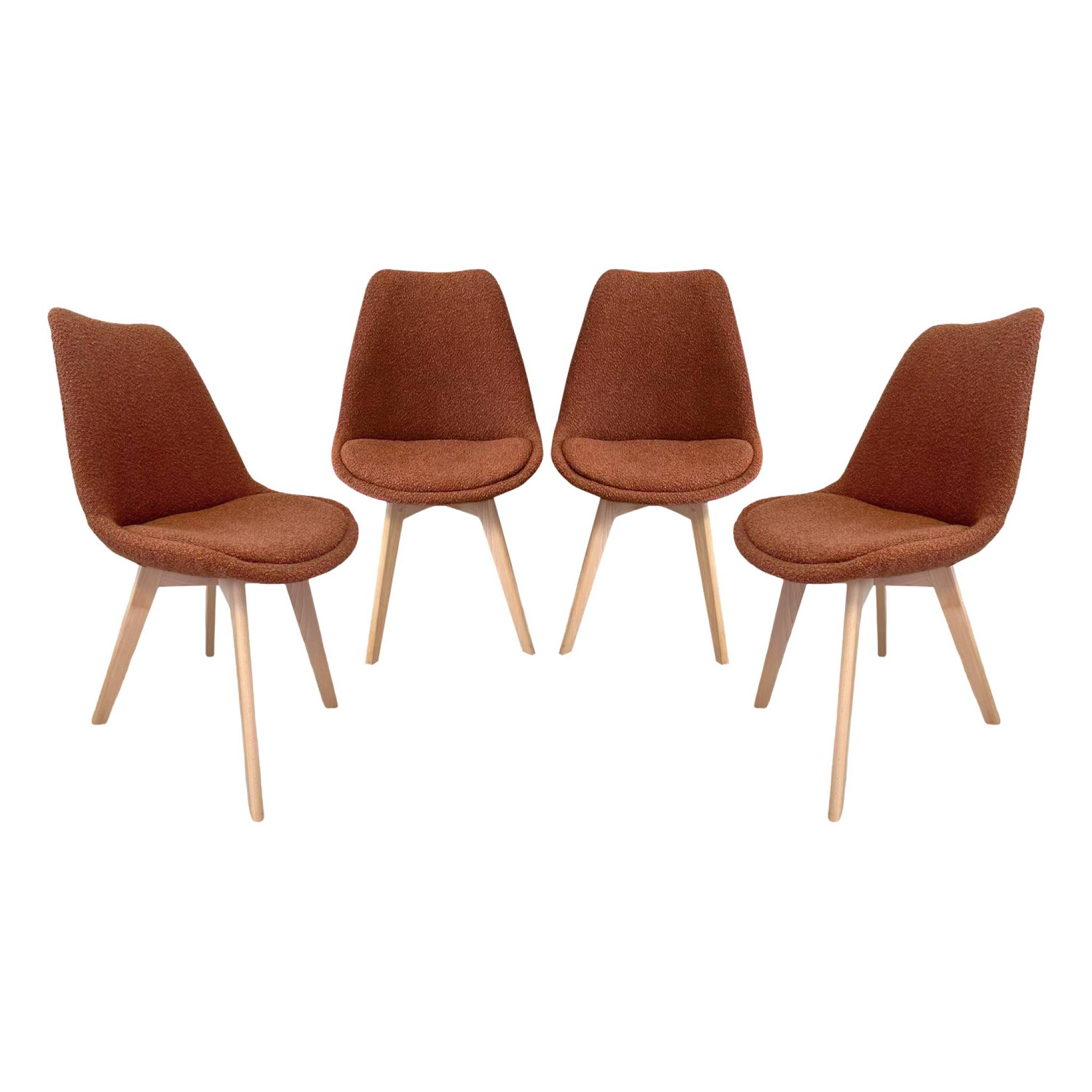 Lot de 4 chaises scandinaves revêtement bouclette texturée terracotta. pieds bois de hêtre - Nils