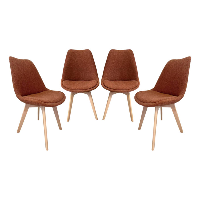 Lot de 4 chaises scandinaves revêtement bouclette texturée terracotta. pieds bois de hêtre - Nils