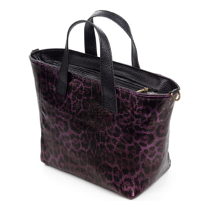 Cassandra bolso tote mujer. Piel auténtica Gamuza, animal print leopardo, lacado brillante.