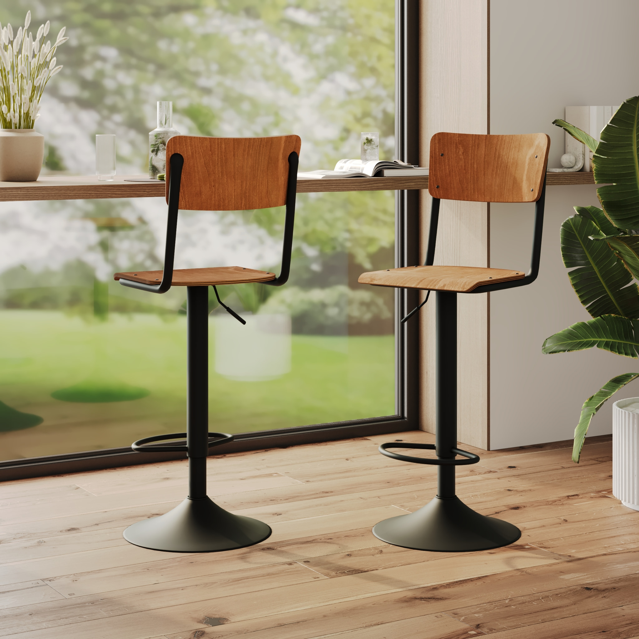 Lot de 2 chaises de bar réglables 60/80 cm en bois foncé - Clem