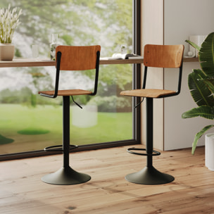 Lot de 2 chaises de bar réglables 60/80 cm en bois foncé - Clem