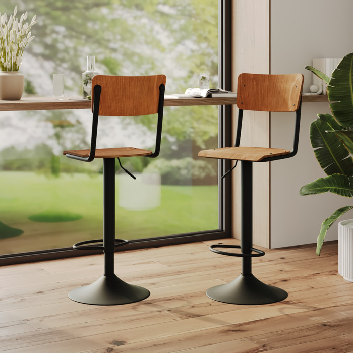 Lot de 2 chaises de bar réglables 60/80 cm en bois foncé - Clem