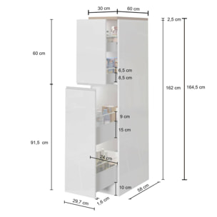 Dispensa da cucina Dcasiragh, Mobile multiuso, Armadio portaoggetti a 2 cassettoni, 100% Made in Italy, 30x60h165 cm, Bianco lucido e Rovere