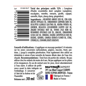 NUTRI EXPERT - Baume Chinois - Soulage douleurs articulaires et musculaires - Apaise les contusions, piqûres, entorses - Aux huiles essentielles - Sans parabène - Lot de 3 produits