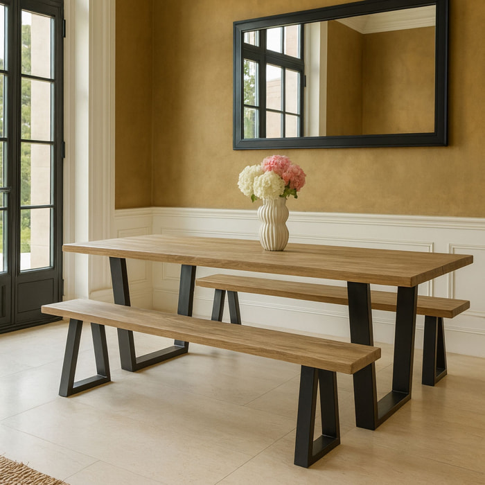 Ensemble table et banc en bois d'acacia et pieds métal noir HERA