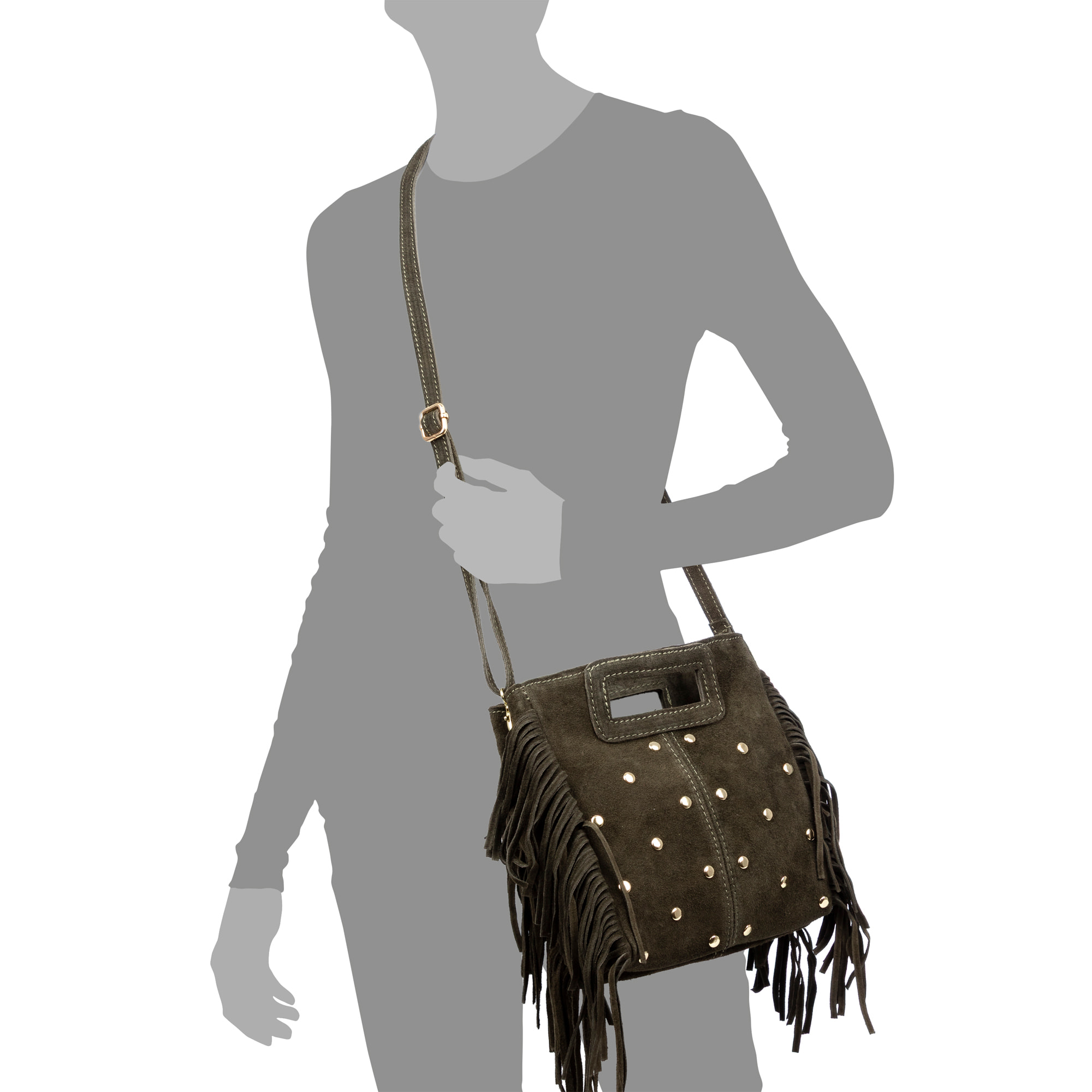 Barbata borsa a tracolla donna. Vera pelle Scamosciata con borchie decorative.