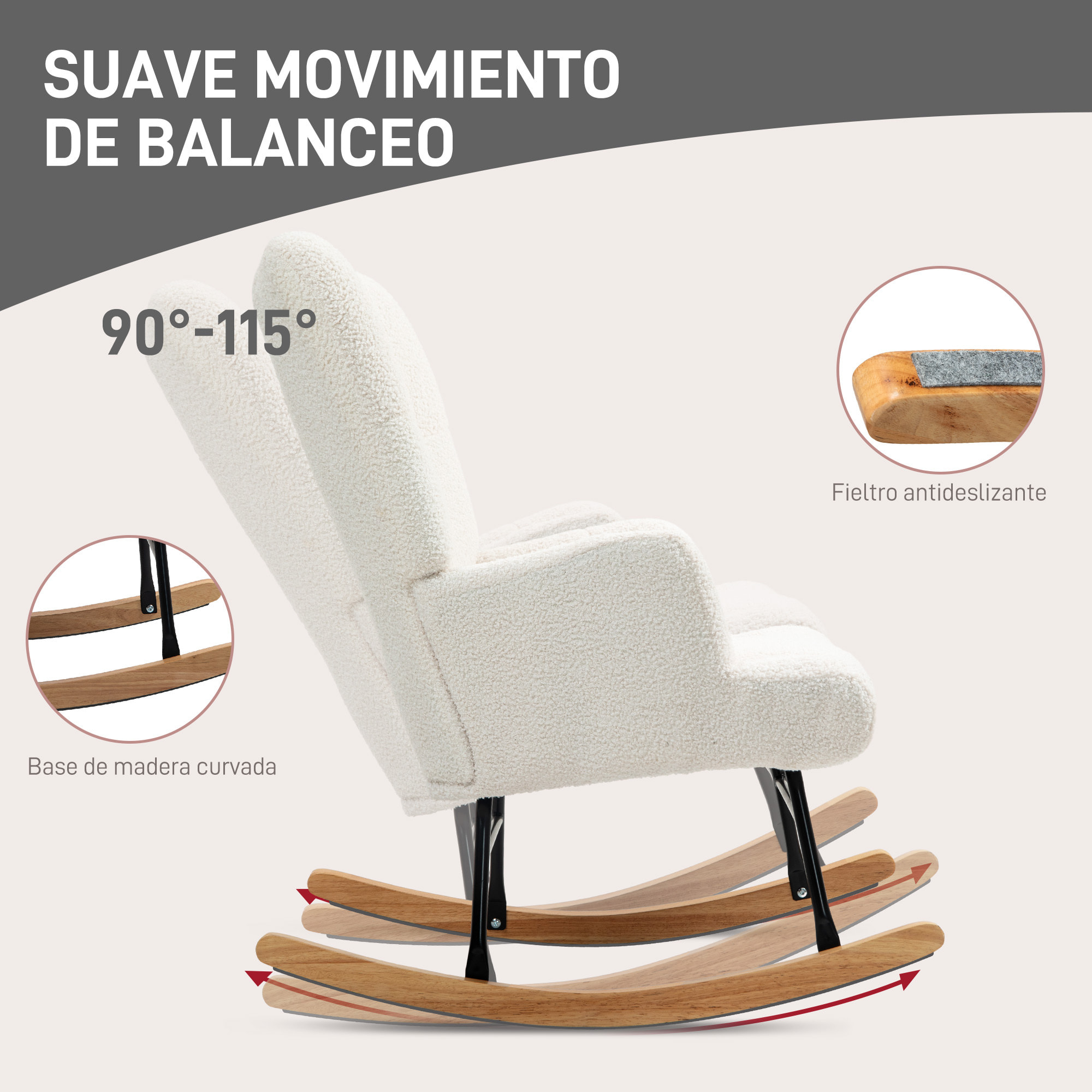 Mecedora de Borreguito Mecedora para Lactancia con Respaldo Capitoné y Base de Madera de Caucho Carga 120 kg Silla Mecedora para Salón Dormitorio Crema