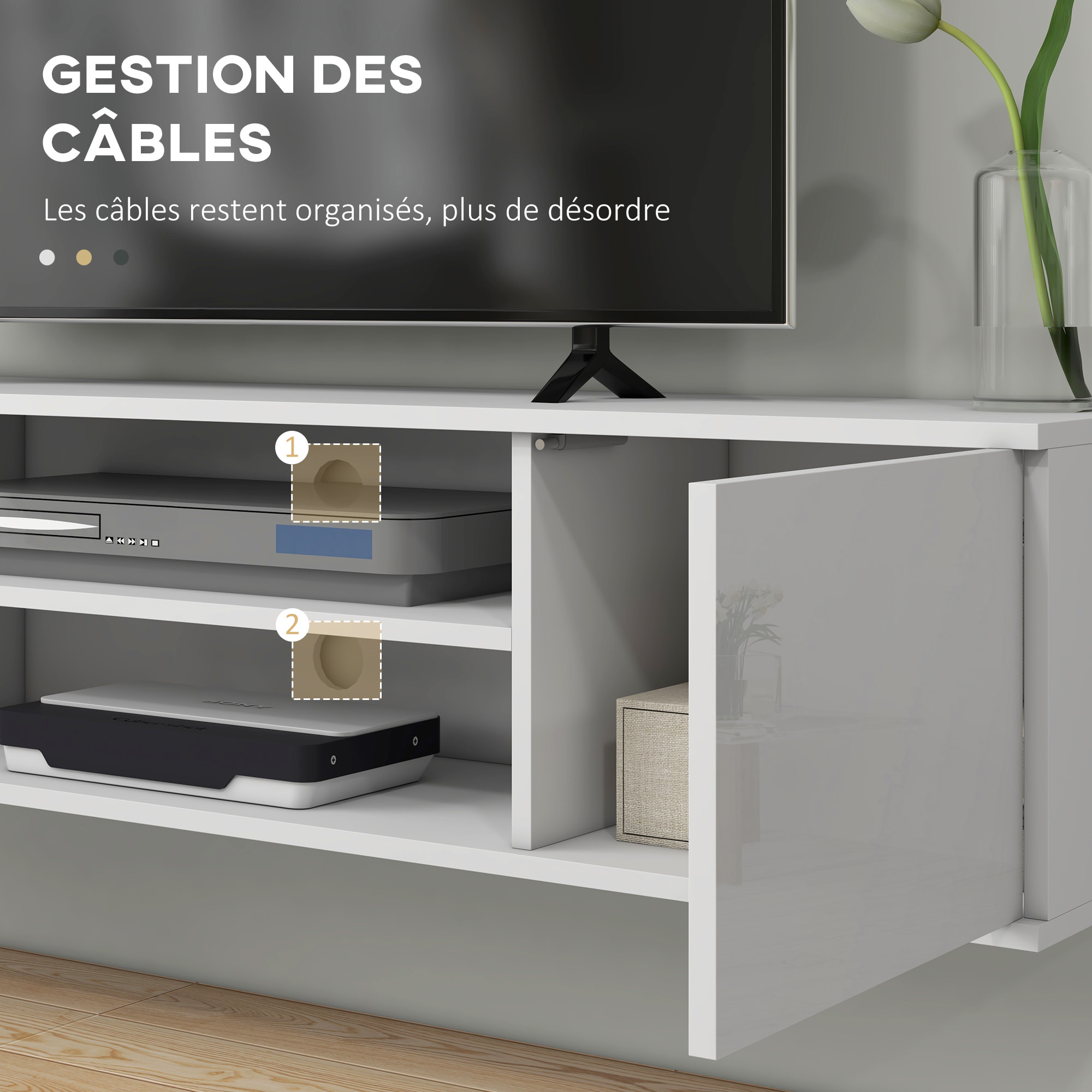 Meuble TV mural - banc TV flottant - 2 portes, 2 niches - dim. 140L x 30l x 30H cm - panneaux blanc laqué