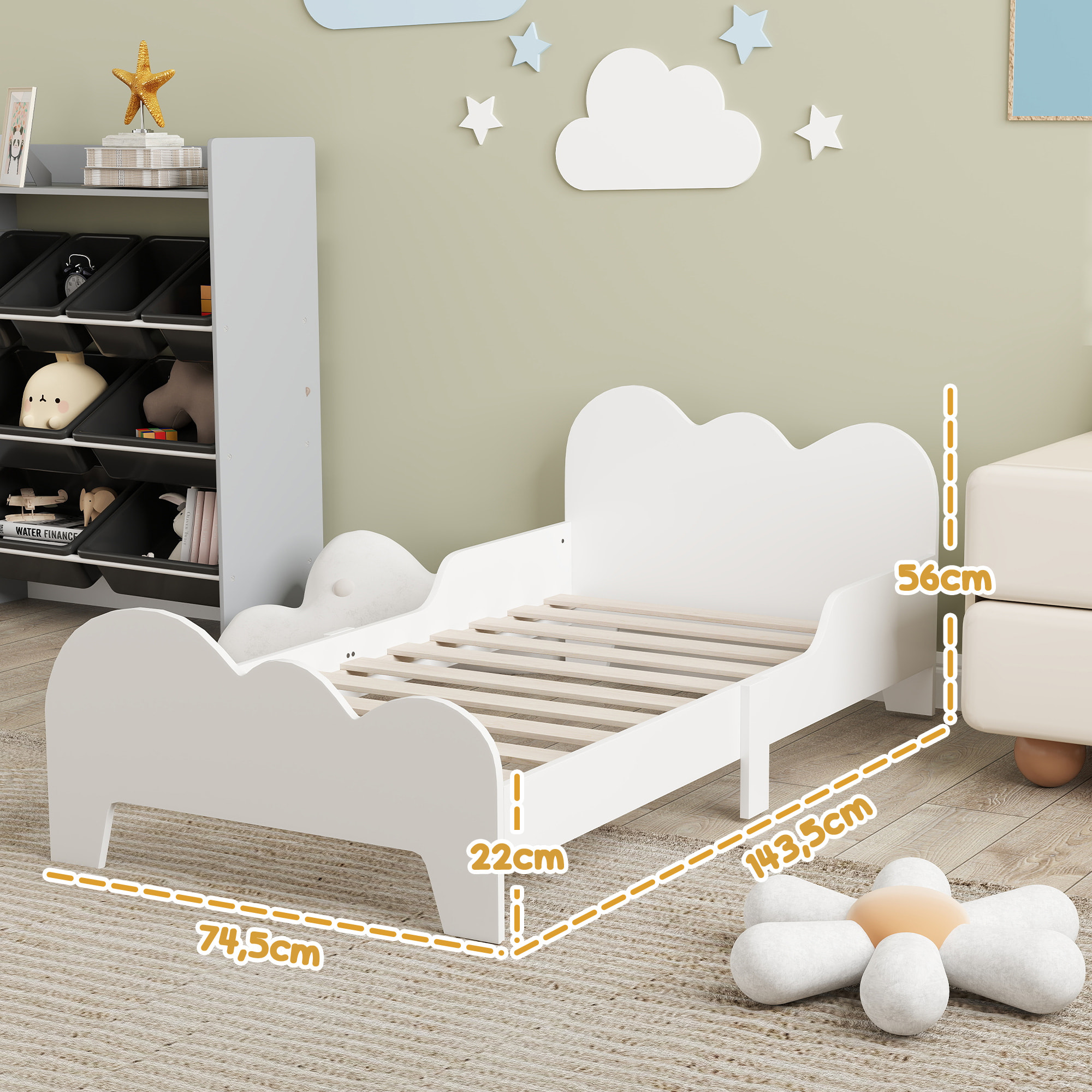 Cama para Niños de +3 Años 140x70 cm Estructura de Cama Infantil Tema de Nubes con Barandilla para Dormitorio Blanco