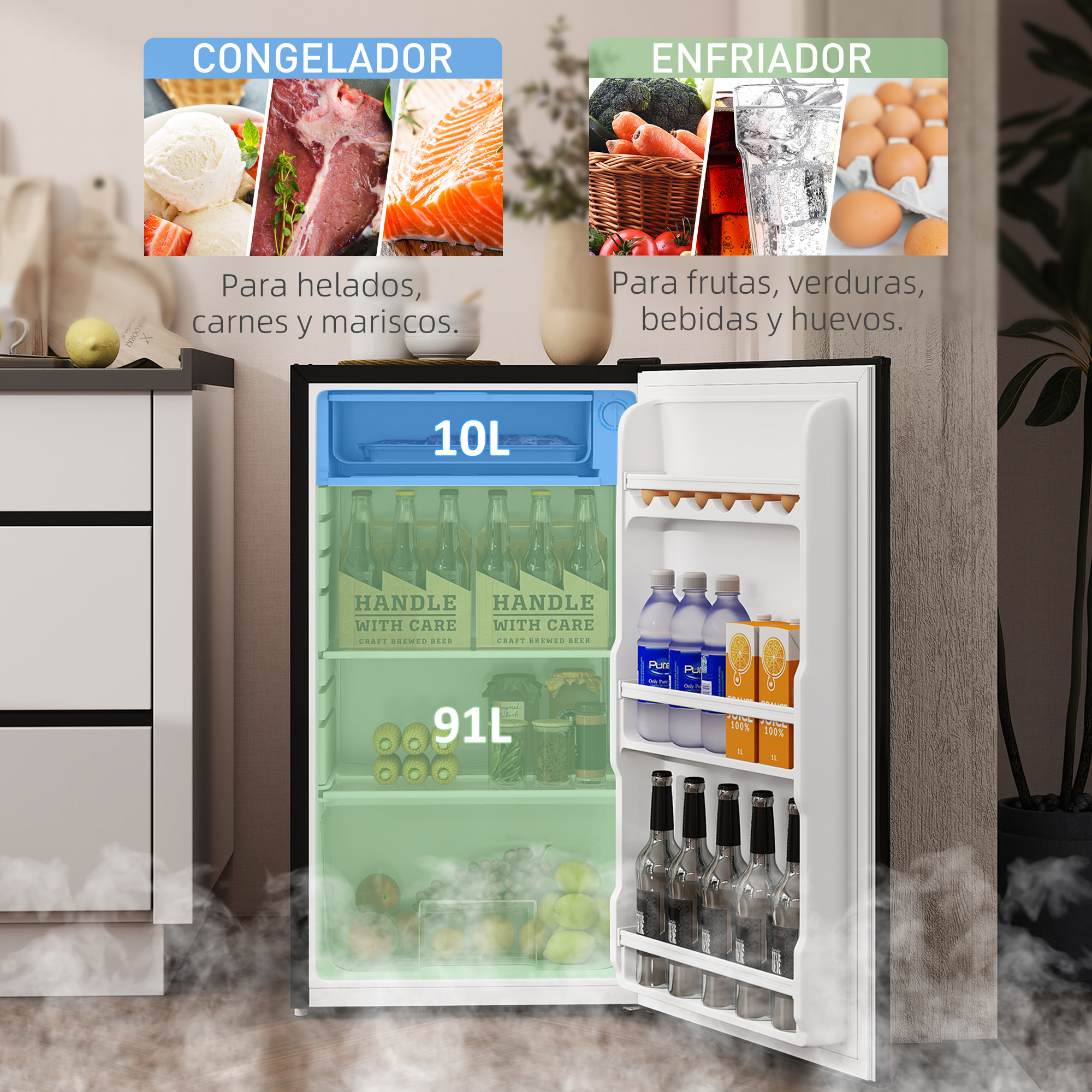 Nevera Pequeña 91 L con Congelador, Mini Frigorífico Silenciosa, Frigorífico Pequeño Bajo Encimera con Temperatura Regulable 5 Niveles, Puerta Reversible y Estantes Ajustables, Negro