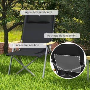 Chaise de camping pliable portable inclinable pochette rangement tétière alu accoudoirs bois noir
