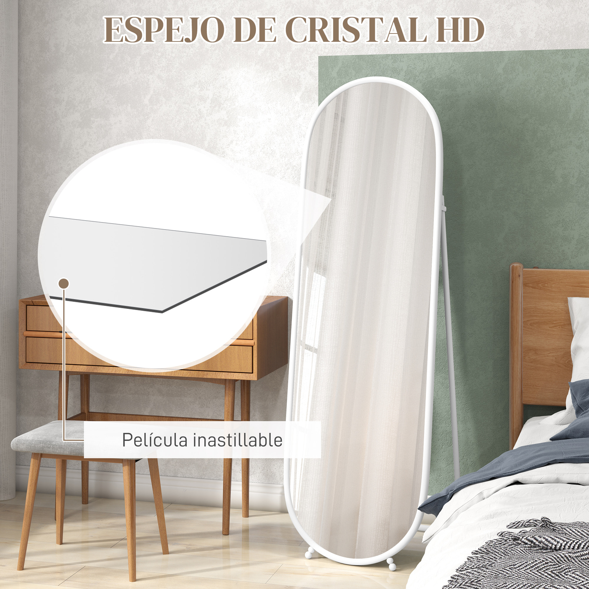Espejo de Pie Cuerpo Entero 160x40 cm con Marco Metálico, Espejo de Pared Ovalado para Colgar con Soporte, 2 Formas de Uso, para Salón, Entrada y Dormitorio, Blanco