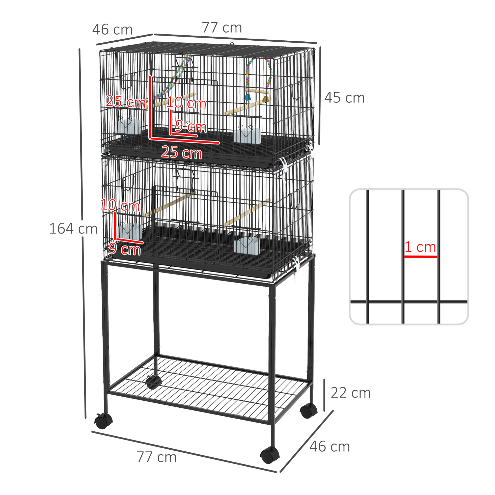 Jaula para Pájaros 77x46x164 cm Jaula Metálica para Aves con Bandeja Extraíble Perchas Comederos para Periquitos Canarios Negro