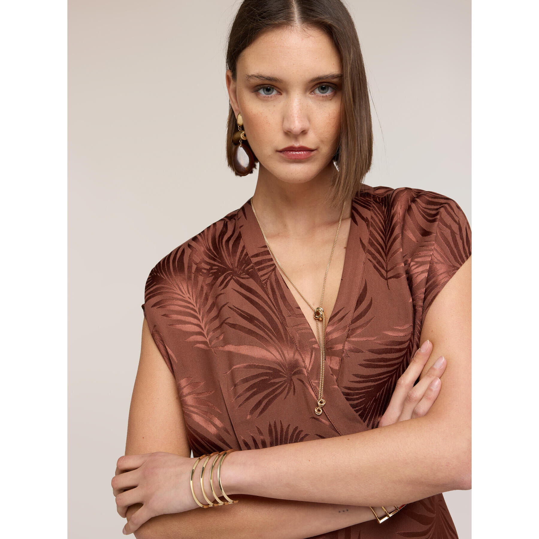 Motivi - Blusa kimono in raso jacquard - Marrone