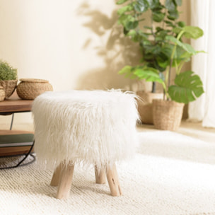 SACHA - Tabouret rond 40x40cm peau de mouton couleur ivoire pieds bois
