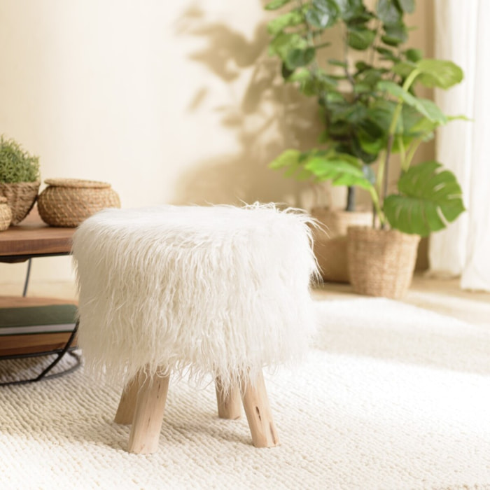 SACHA - Tabouret rond 40x40cm peau de mouton couleur ivoire pieds bois