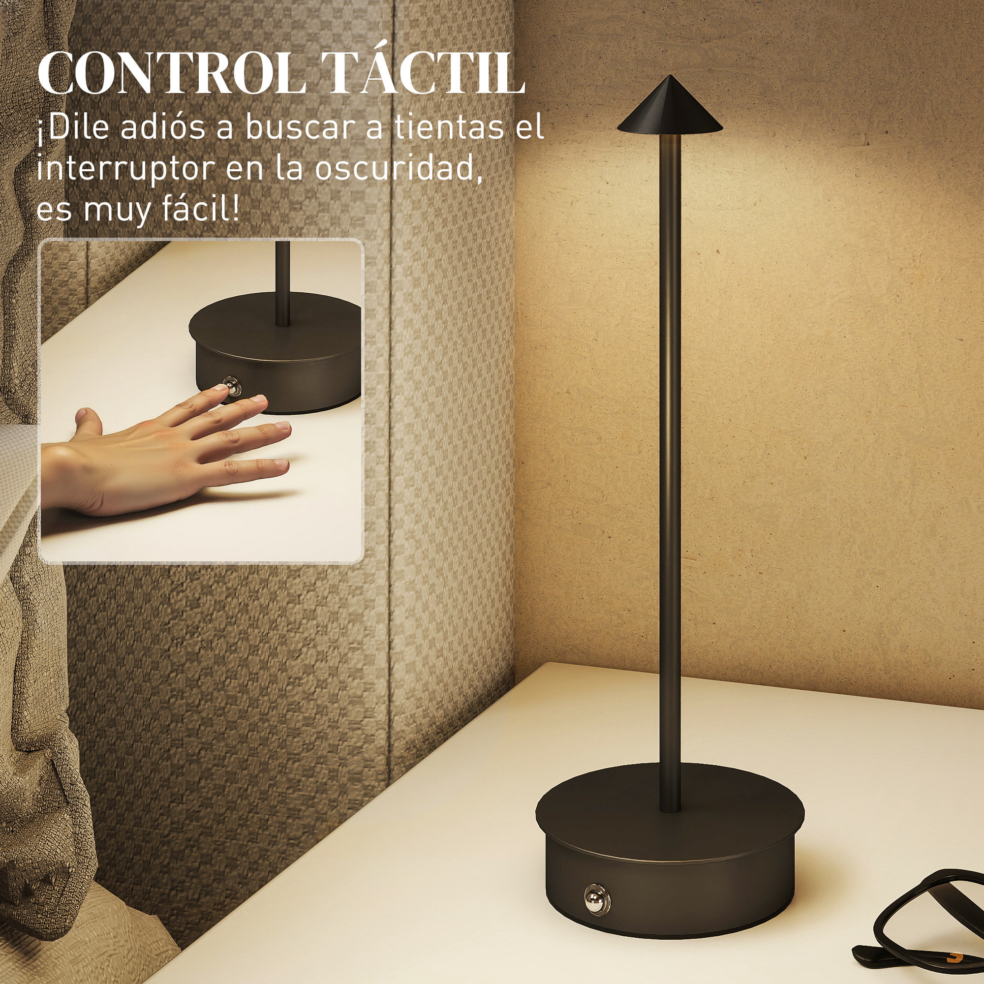 Juego de 2 Lámparas de Mesa Recargables por USB, Lámparas de Mesita de Noche Regulables con Control Táctil, 3000K/4500K/6000K, Luz LED Incluida, para Dormitorio, Salón u Oficina, Negro