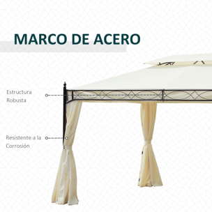 de Jardín 4x3 m, Pabellón de Jardín Gazebo con Doble Techo, 4 Cortinas, Marco de Acero, 8 Orificios de Drenaje, Anti-UV, Carpa para Exterior, Terraza, Patio, Blanco Crema