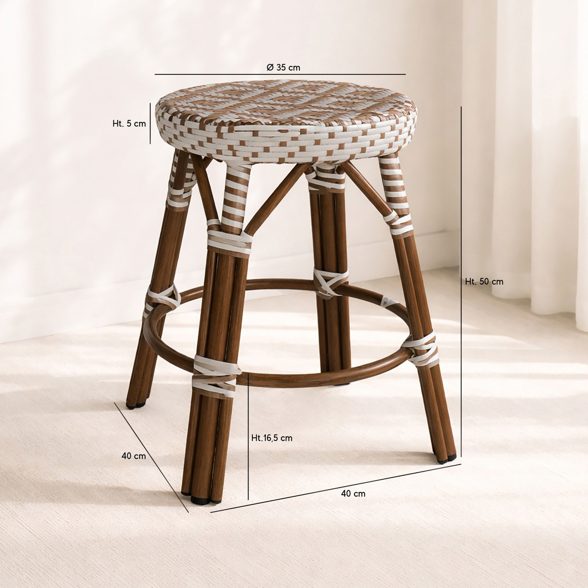 Tabouret bas en textilène avec effet rotin tressé beige SCALA