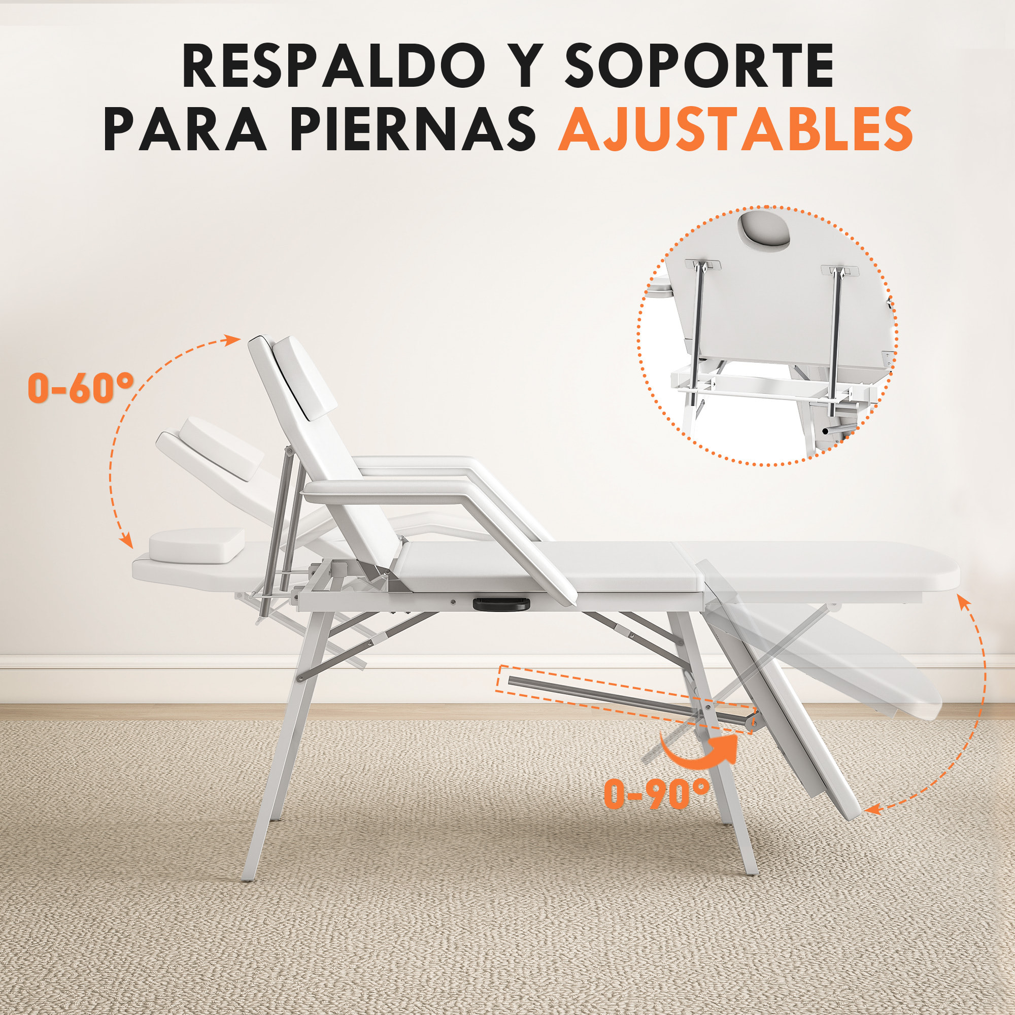 Camilla Masaje Plegable Portátil Camilla Estética Profesional de 3 Zonas con Respaldo Soporte para Piernas Ajustables Reposacabezas Extraíble Reposabrazos Acolchados para Spa 182x82 cm Blanco