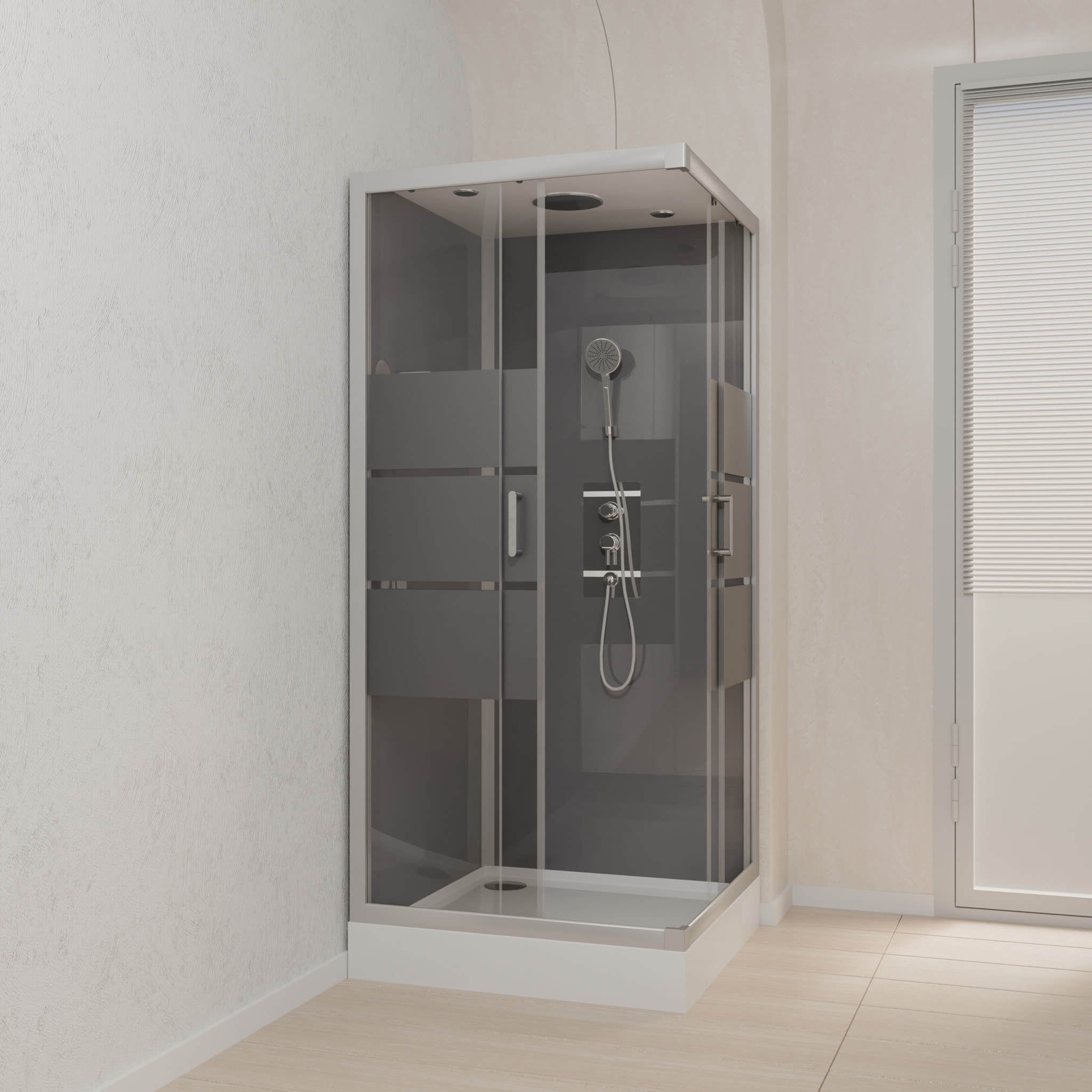 Cabine de douche carrée 90x90x215cm - grise avec bande dépoli - SILVERY STRIPE SQUARE