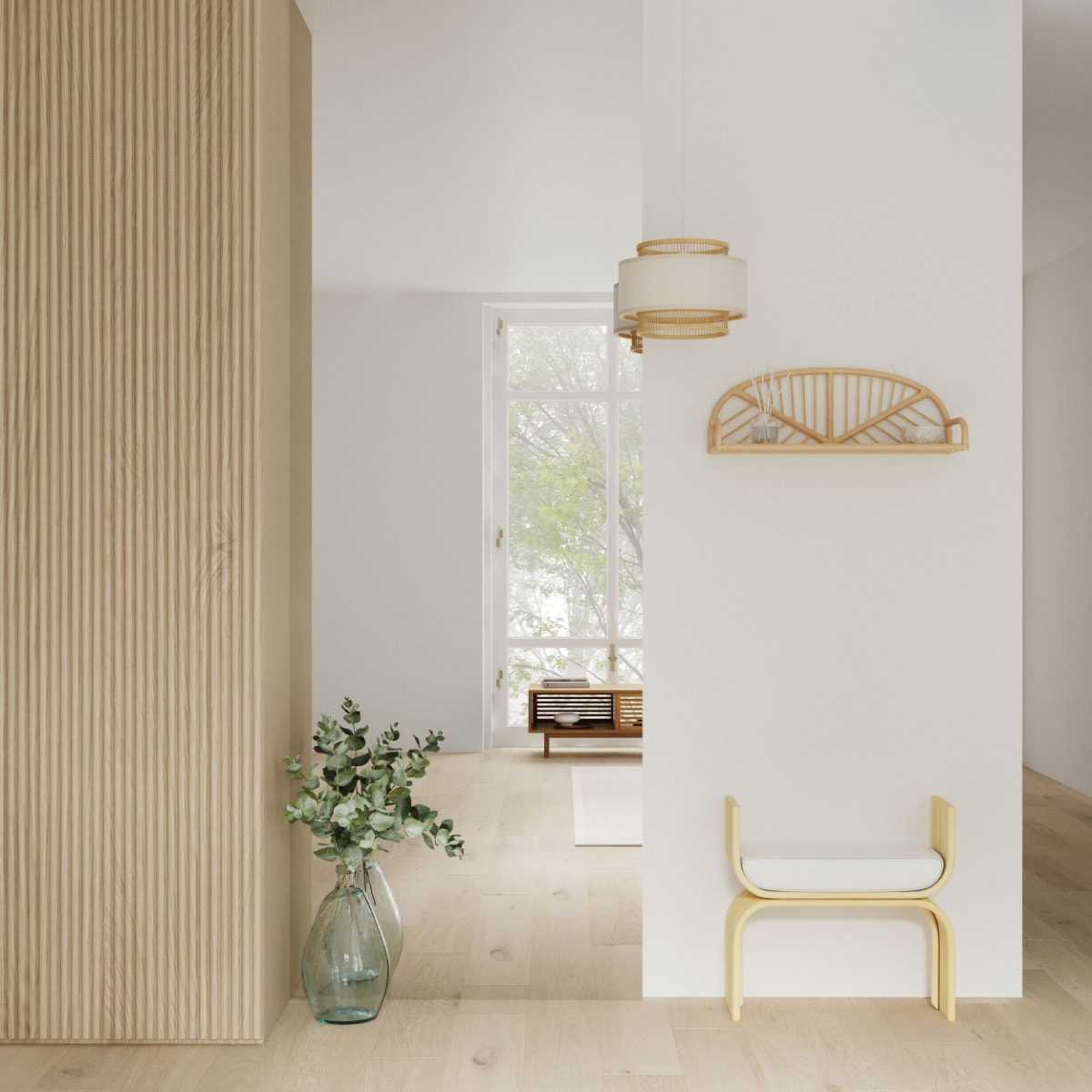 Tabouret en rotin et coussin blanc - Réane