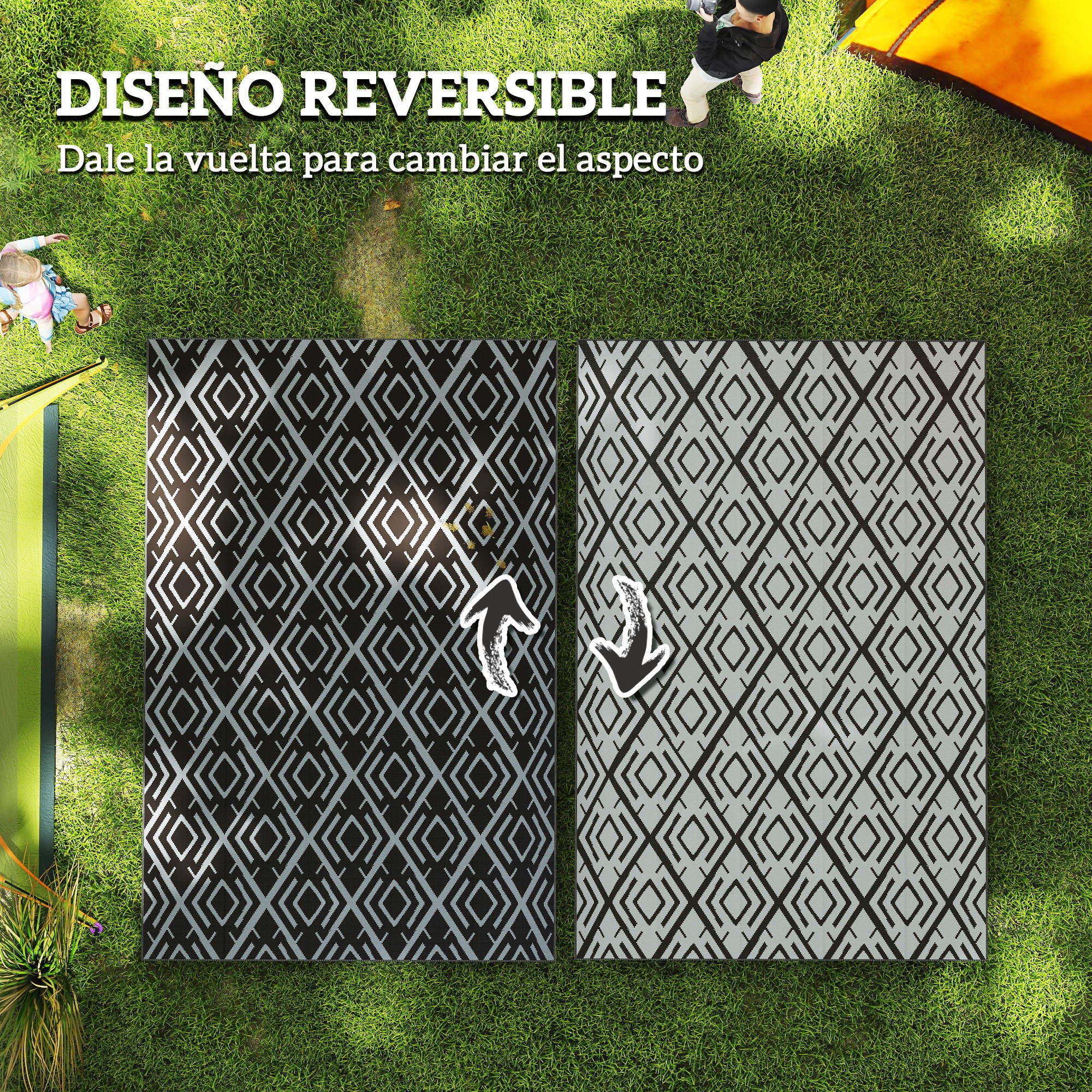 Alfombra de Exterior 182x274 cm Alfombra Reversible con Patrón Geométrico de Rombos Impermeable Bolsa de Transporte para Terraza Balcón Patio Camping Playa Negro