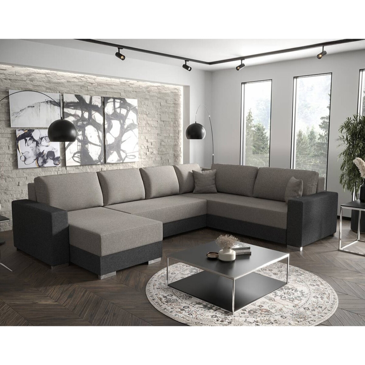 Epona - Canapé panoramique d'angle réversible 7 places convertible avec coffre en tissu - Gris