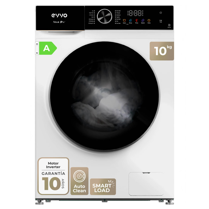 EVVO Lavadora 10 kg carga frontal Nova P10, 1200 rpm, Clase energética A, , Lavado Rápido 15', SMART LOAD, Tambor ePROTECT, Inicio diferido, Blanco