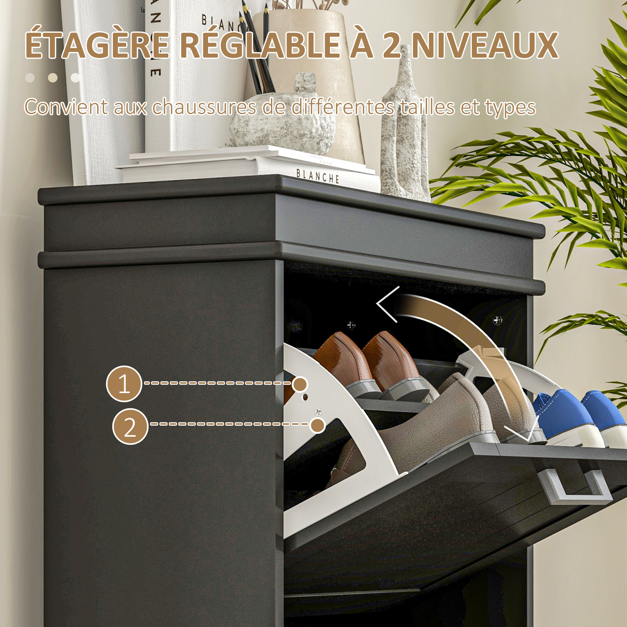 Meuble à chaussures 2 portes abattants 2 étagères poignées métal noir MDF noir