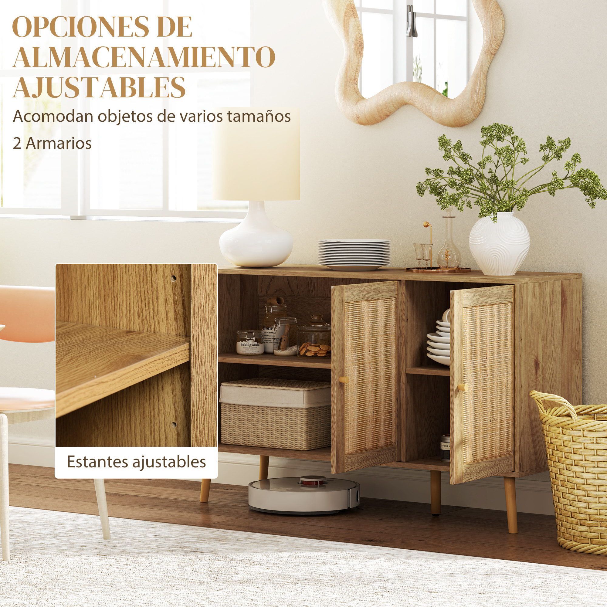 Aparador con 3 Puertas de Ratán, Aparador de Salón Bohemio, con Estantes Ajustables, para Cocina, Entrada, Dormitorio, Madera Natural, 120x40x75 cm