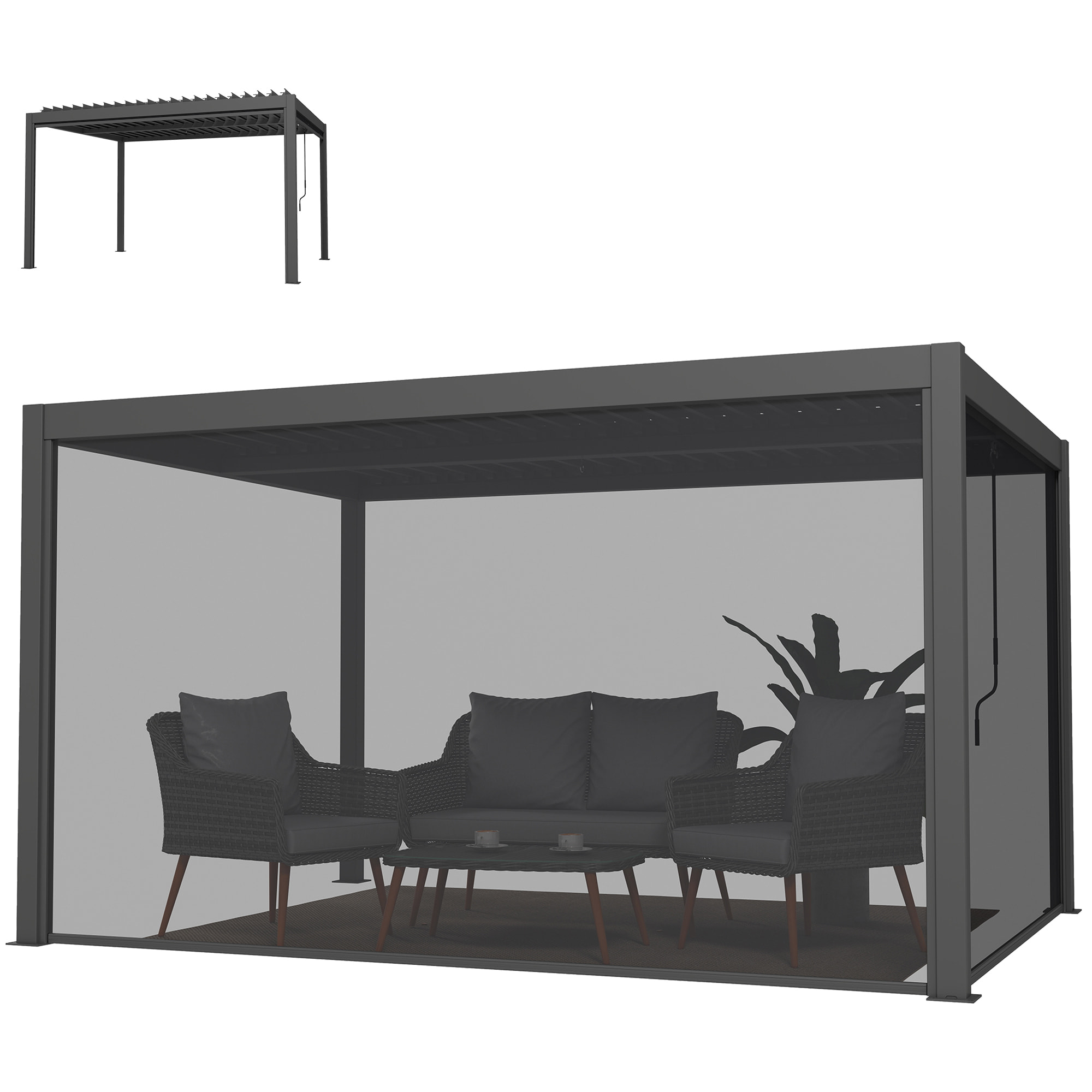 Pergola bioclimatique lames orientables stores latéraux aluminium gris