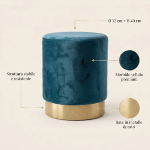 Pouf cilindrico in velluto con base dorata, sgabello imbottito elegante e resistente, seduta compatta salvaspazio, ideale per salotto camera ingresso e toeletta, design moderno glamour e versatile