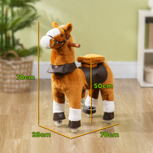 Porteur cheval pour enfant +3 ans cheval debout en peluche 4 roulettes effet sonore marron blanc