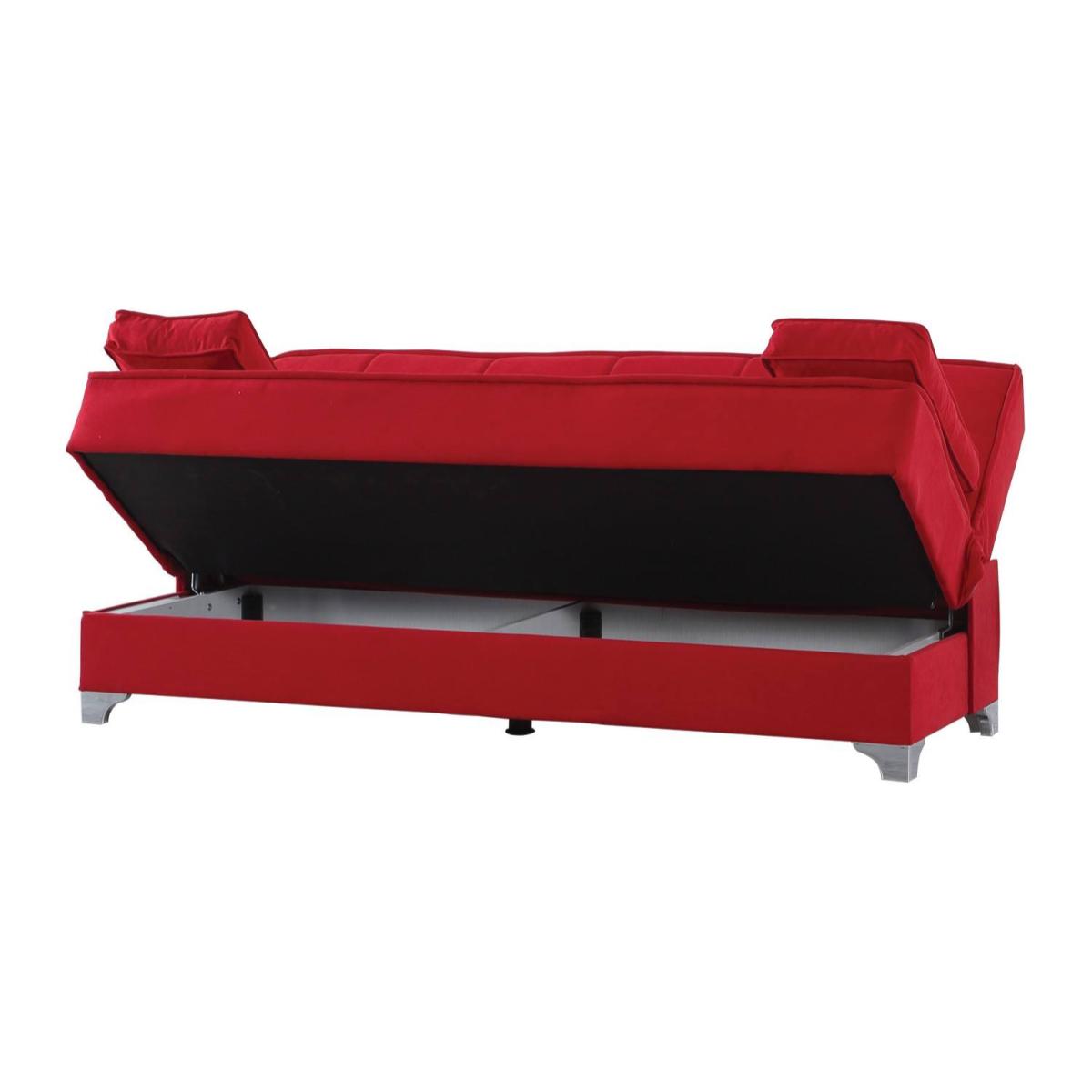 Divano letto Carlos, Divano letto contenitore lineare con 2 cuscini inclusi, Sofà da soggiorno in tessuto imbottito con apertura click-clack, 190x87xh91 cm, Rosso