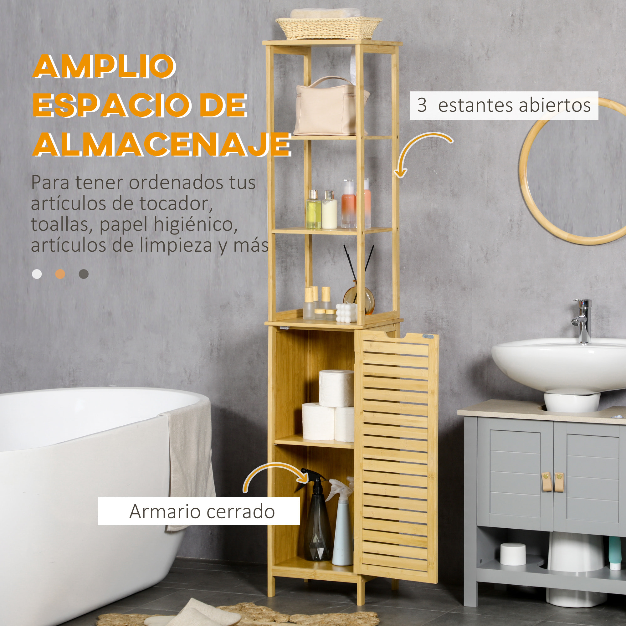 Estantería de Baño de Bambú Armario Alto para Baño con 3 Estantes y 1 Puerta Mueble Columna de Almacenaje para Salón 34x30x173 cm Natural