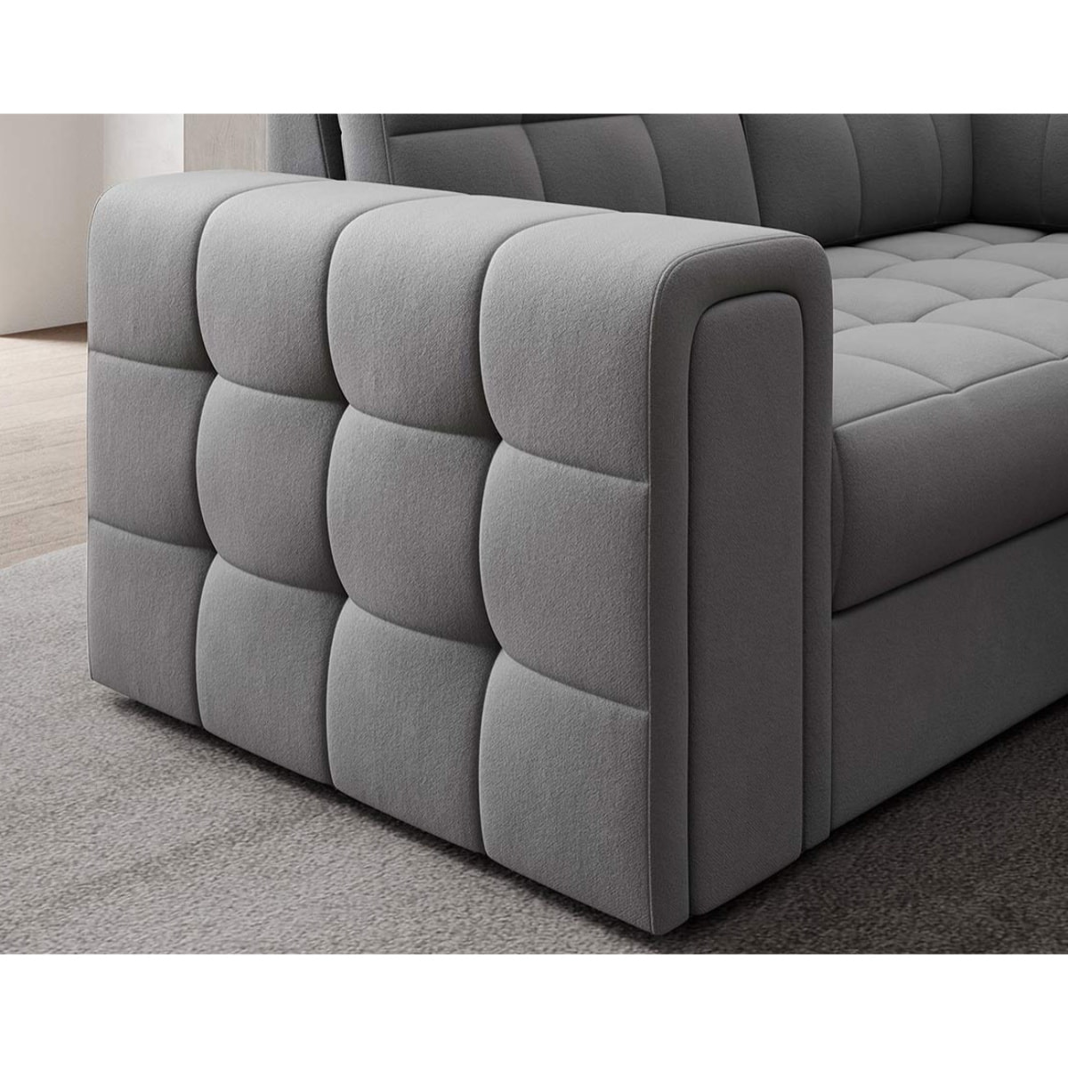 Nappa - Canapé panoramique d'angle gauche 7 places convertible avec coffre en velours - Gris clair
