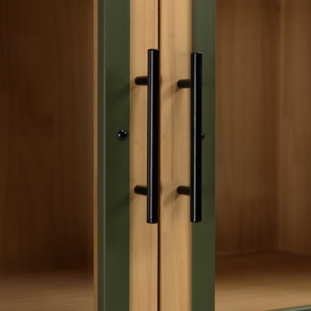 HELENA - Vaisselier 2 portes vitrées encadrement vert pin et métal noir