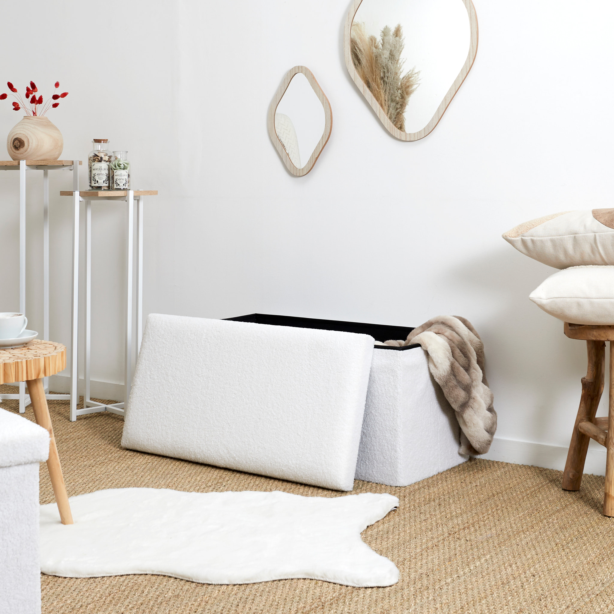 Coffre Banc Pliable Bouclette Blanc