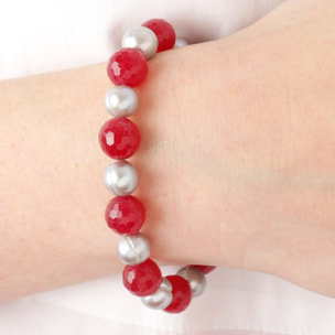 PERLAVIVA - Bracciale Elastico con Quarzo Rosso e Perle d'Acqua Dolce Grigie Ø 9.5/10.5 mm