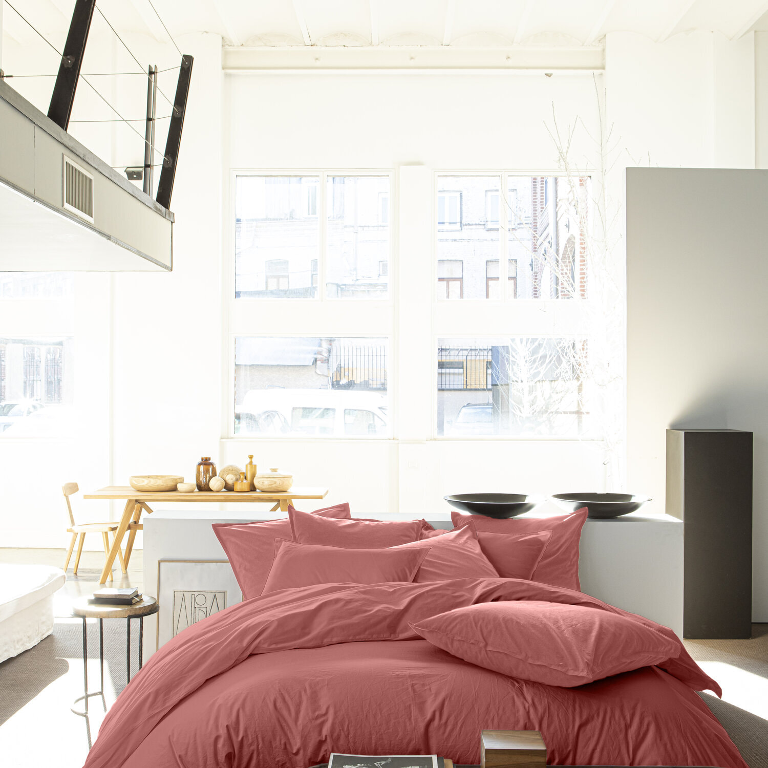 Housse de couette percale de coton lavé vieux rose