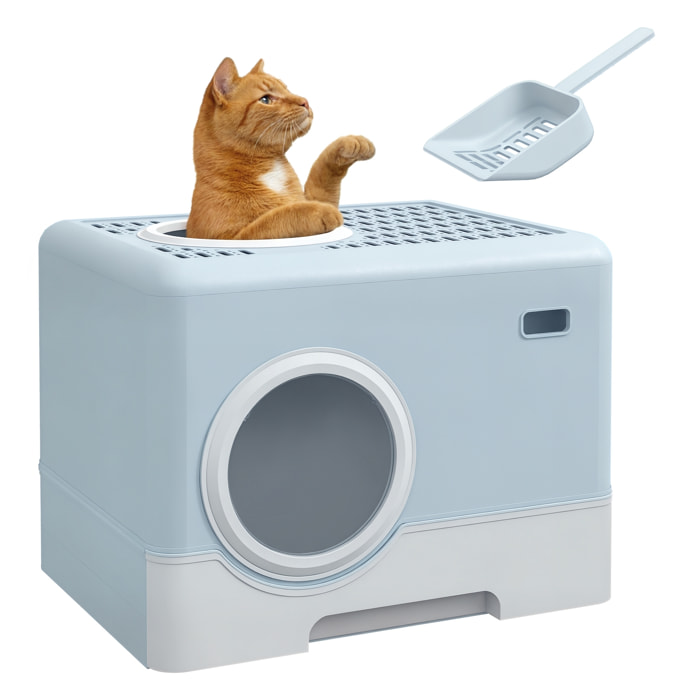 Arenero para Gatos Cubierto, Caja de Arena para Gatos con Bandeja Extraíble, Entrada Frontal y Salida Superior, Pala, Fácil de Limpiar, Antifugas, Azul
