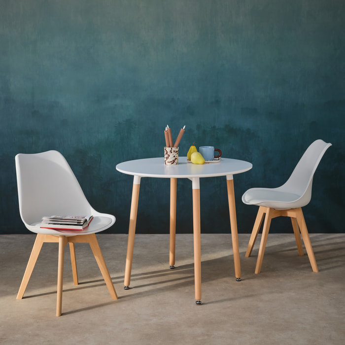 Table à manger ronde Ø80cm et 2 chaises blanches scandinaves - Hedvig
