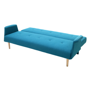 Canapé convertible scandinave 3 places en tissu bleu canard et bois clair OSCAR